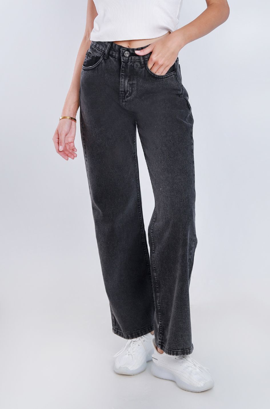 High Waist Straight Dark Gray Jeans Pants OB-350BBL
