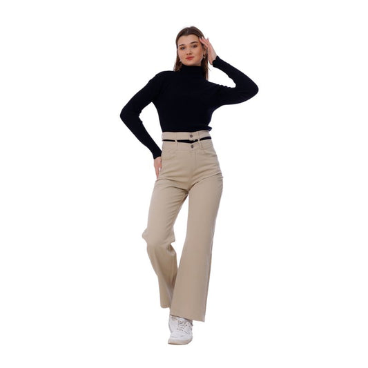 Stright Gabardine Pants Double Belts Beige OB-613BG