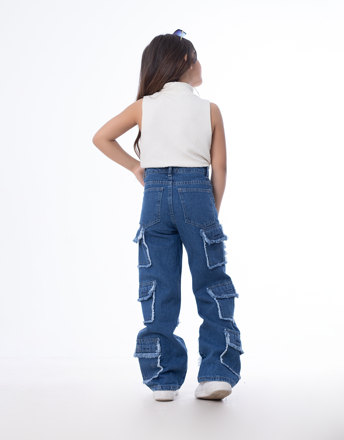 High Waist Flap Cargo Pocket Raw Cut Dark Blue Jeans Pants Teenager OB-627A