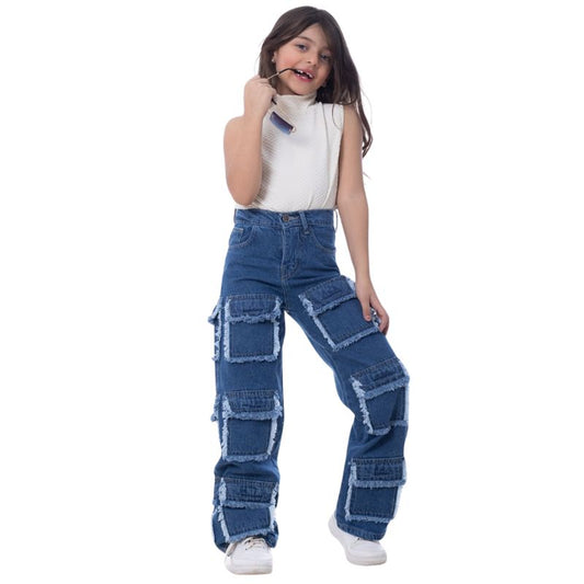 High Waist Flap Cargo Pocket Raw Cut Dark Blue Jeans Pants Teenager OB-627A