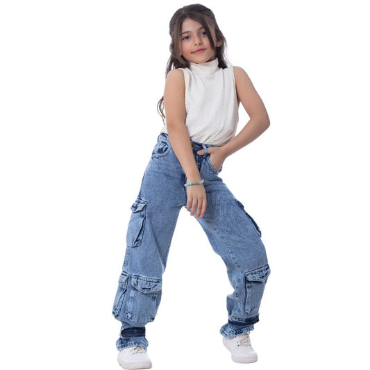 High waist Flap Pocket Cargo Glued Bottom Dark Quarry Jeans Pants OB-624R