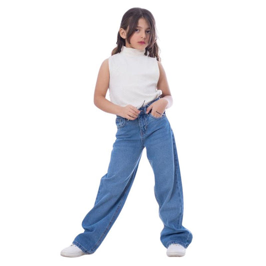 High Waist Straight Medium Blue Jeans Pants Teenager OB-397B