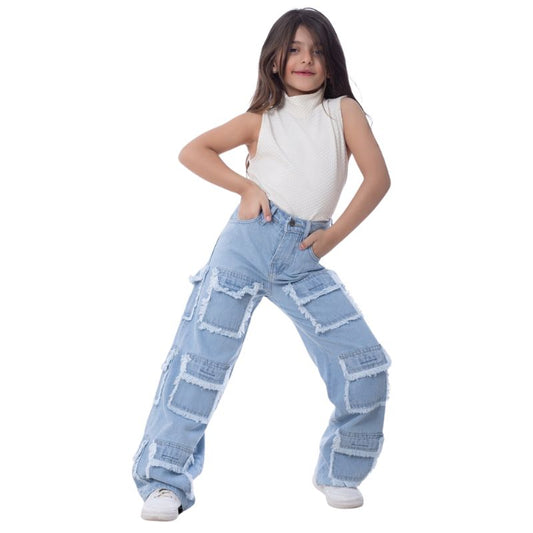 High Waist Flap Cargo Pocket Raw Cut Light Blue Jeans Pants Teenager OB-627C