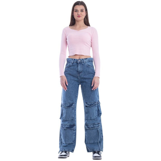 High waist Flap Pocket Cargo Dark Quarry Jeans Pants OB-624R