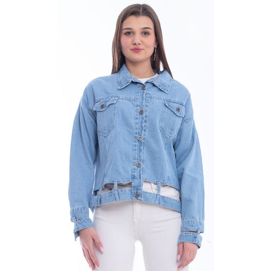 Jeans Jacket Fringe Trim Drop Shoulder Light Blue OJ-533C