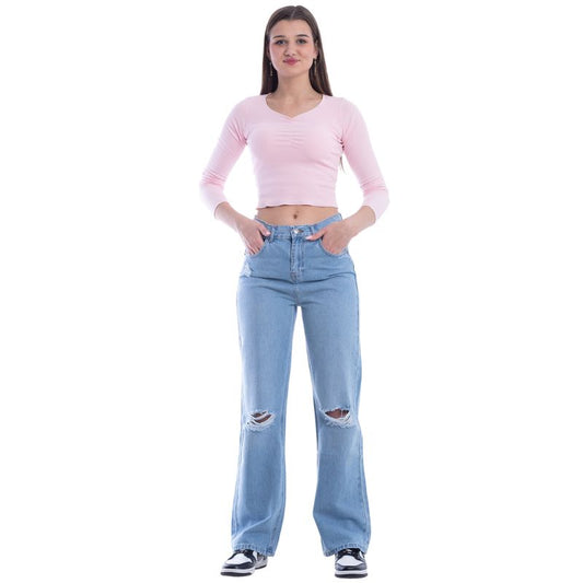 High Waist Straight Cutting Light Blue Jeans Pants OB-351C