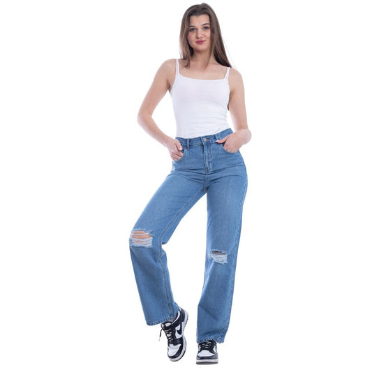 High Waist Straight Cutting Medium Blue Jeans Pants OB-351B