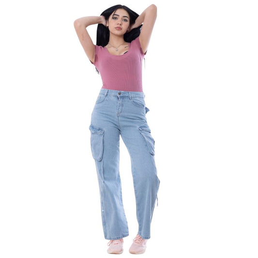 High Waist Flap Cargo Pocket Light Blue Jeans Pants OB-630C
