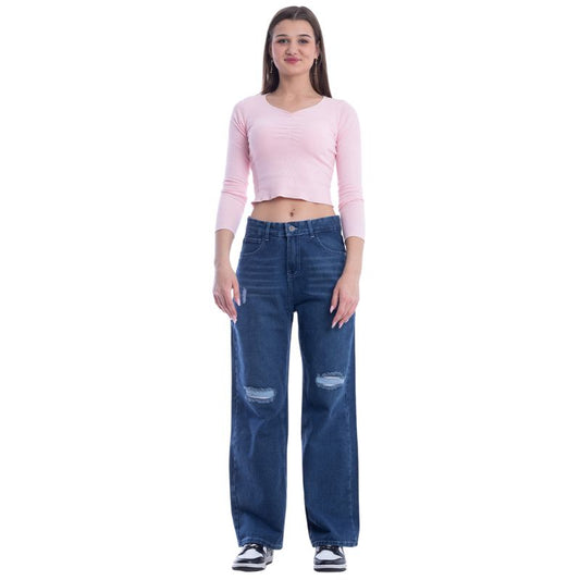 High Waist Straight Ripped Dark Blue Jeans Pants OB-351A