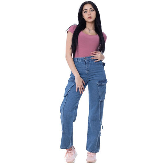 High Waist Flap Cargo Pocket Dark Blue Jeans Pants OB-630A