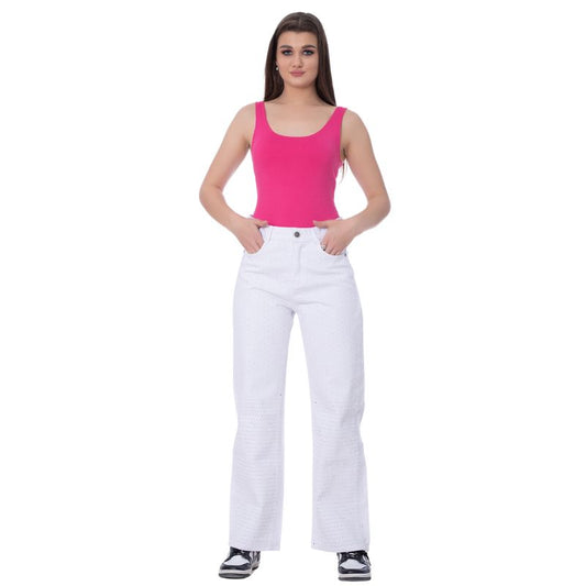 Strass Studded Jeans Pants White Color OBS-350W