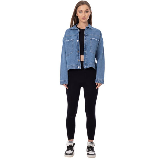 jeans Jacket Pocket Embellished Drop Shoulder Dark Blue OJ-542A