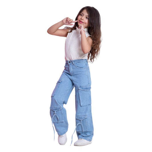 High Waist Flap Cargo Pocket Rope Light Blue Color Jeans Pants OB-635C