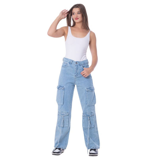 High Waist Flap Cargo Pocket Rope Light Blue Color Jeans Pants OB-634C