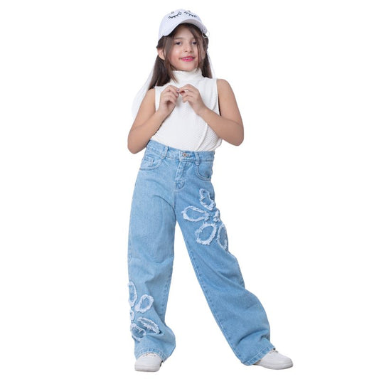 High Waist Straight Flower Pattern Light Blue Jeans Pants Teenager OB-643C