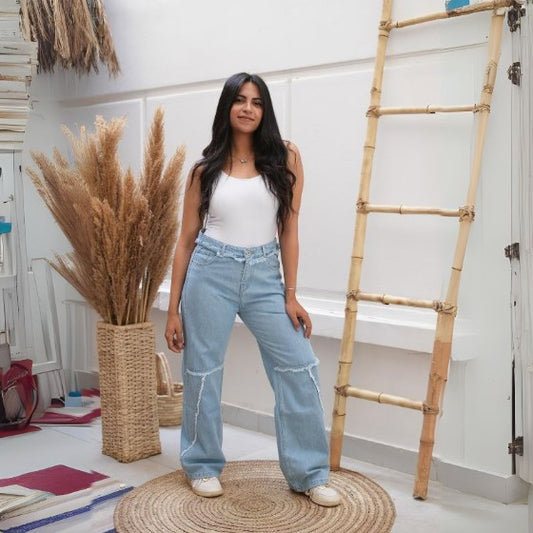 Waist Fringe Straight Jeans Pants Ice Blue Color OB-646i