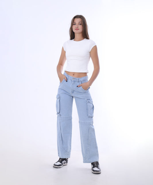 High Waist Flap Pocket Cargo Medium Blue Jeans Pants OB-653 - Ice Blue