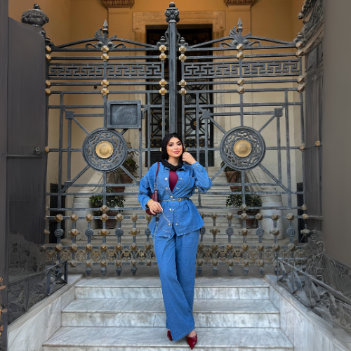 Jeans Suit Women Fall Button Long Sleeve Shirt And Pant Two-Piece Set Dark Blue Color