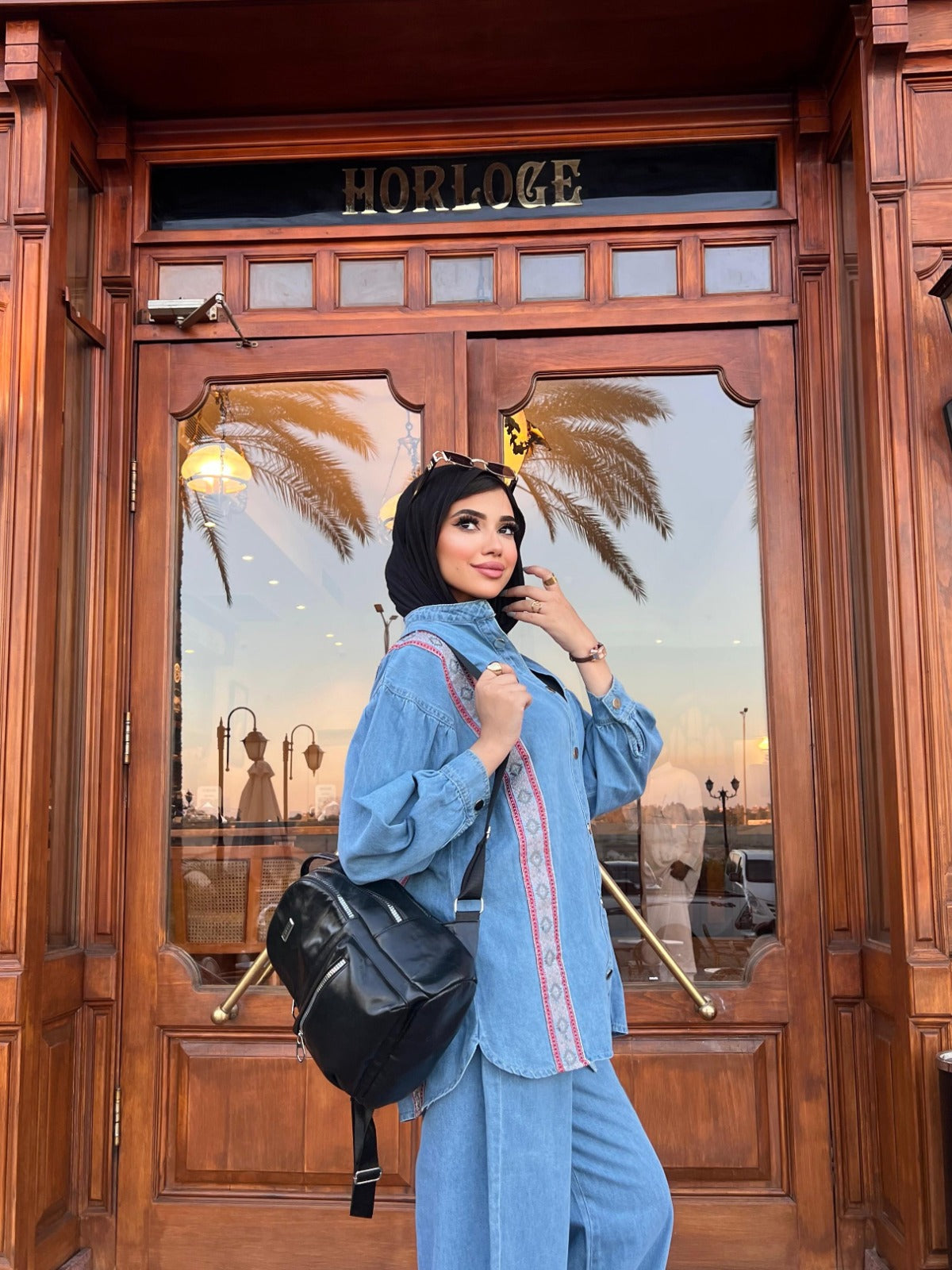 Women's 2-Piece Denim Set Long Sleeve Shirt and Wide Leg Pants Blue Color