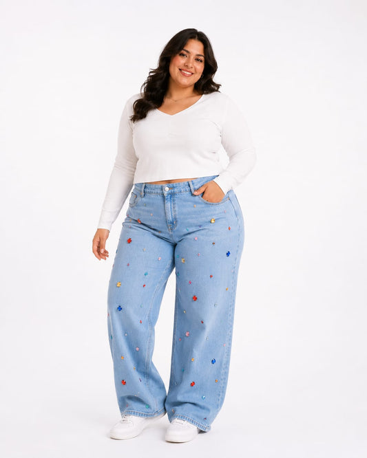Plus Size Diamond Studded Straight Jeans Pants Medium Blue Color OBD-350B
