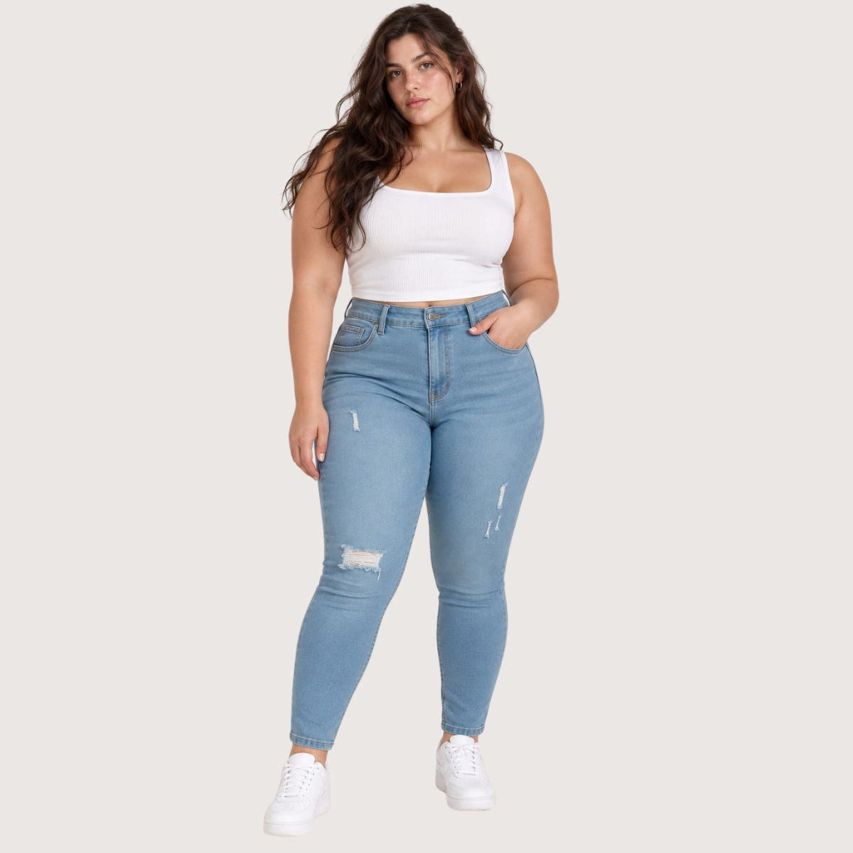 Plus Size High Waist Skinny Cutting Light Blue Jeans Pants OH-311C