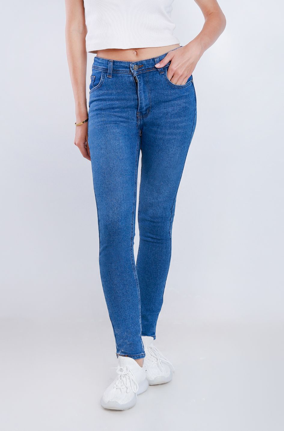 High Waist Skinny Medium Blue Jeans Pants OH-300B
