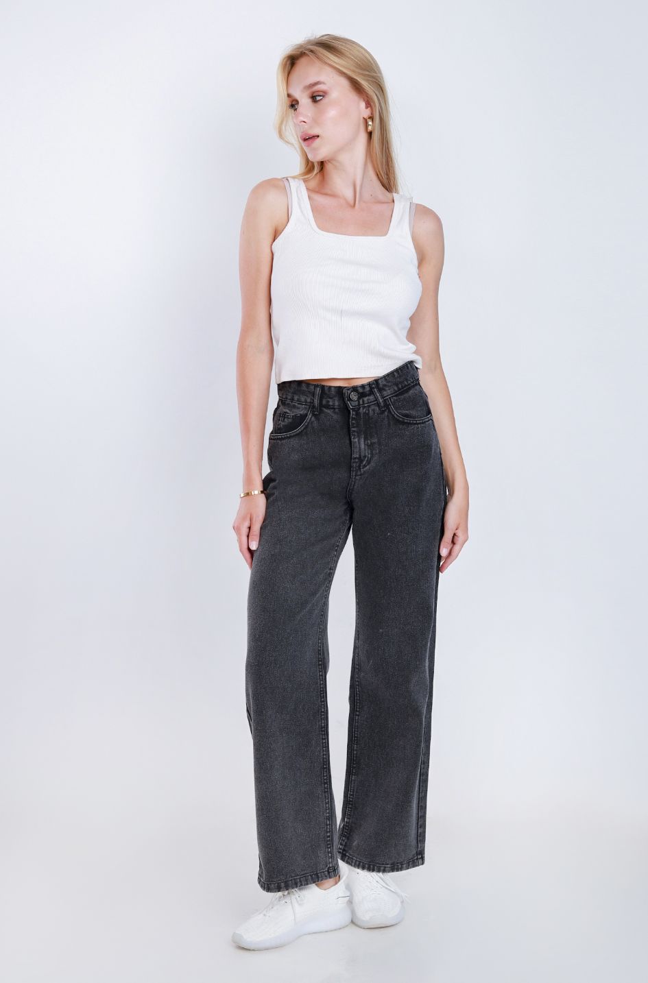 High Waist Straight Dark Gray Jeans Pants OB-350BBL