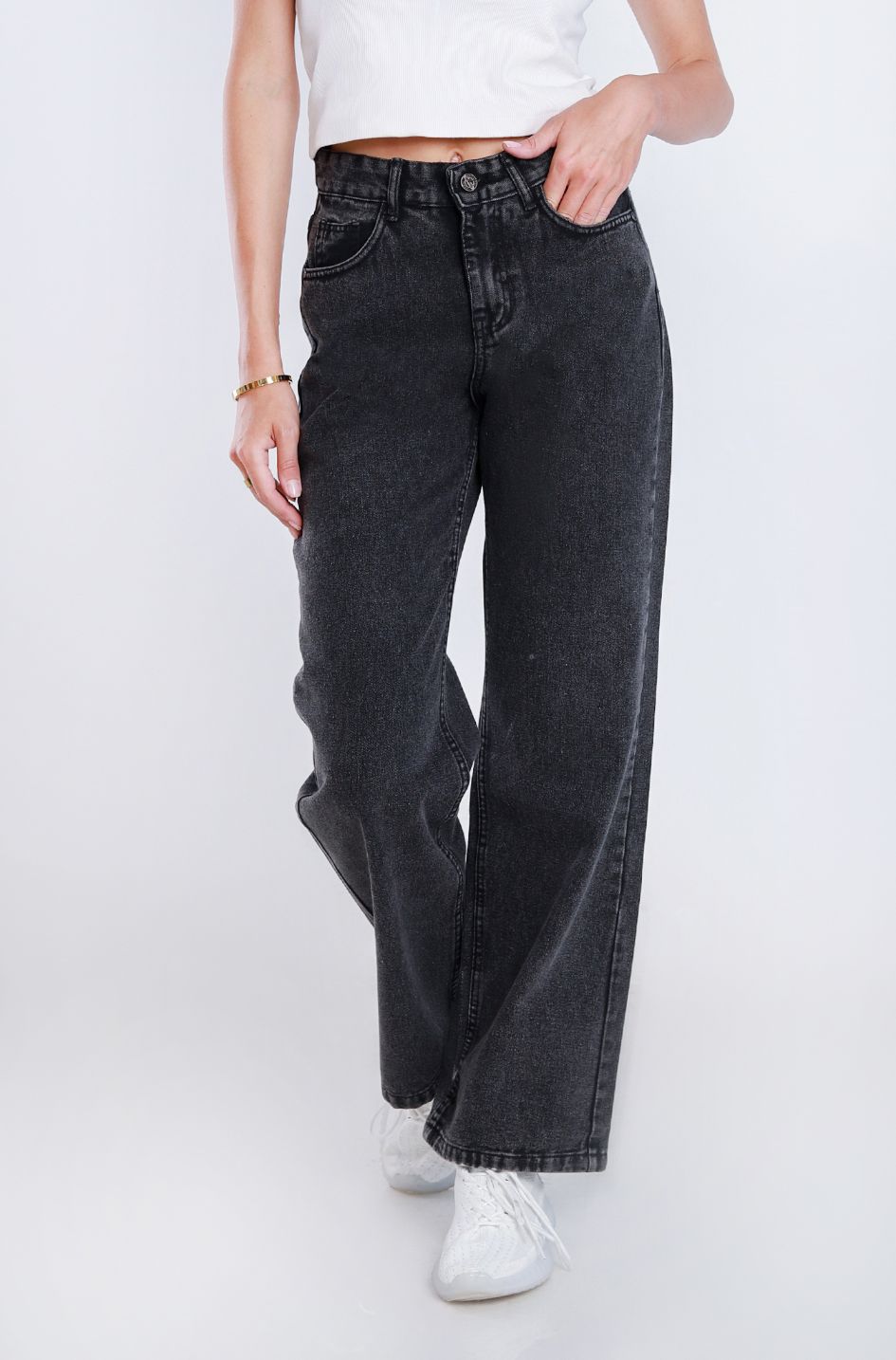 High Waist Straight Dark Gray Jeans Pants OB-350BBL