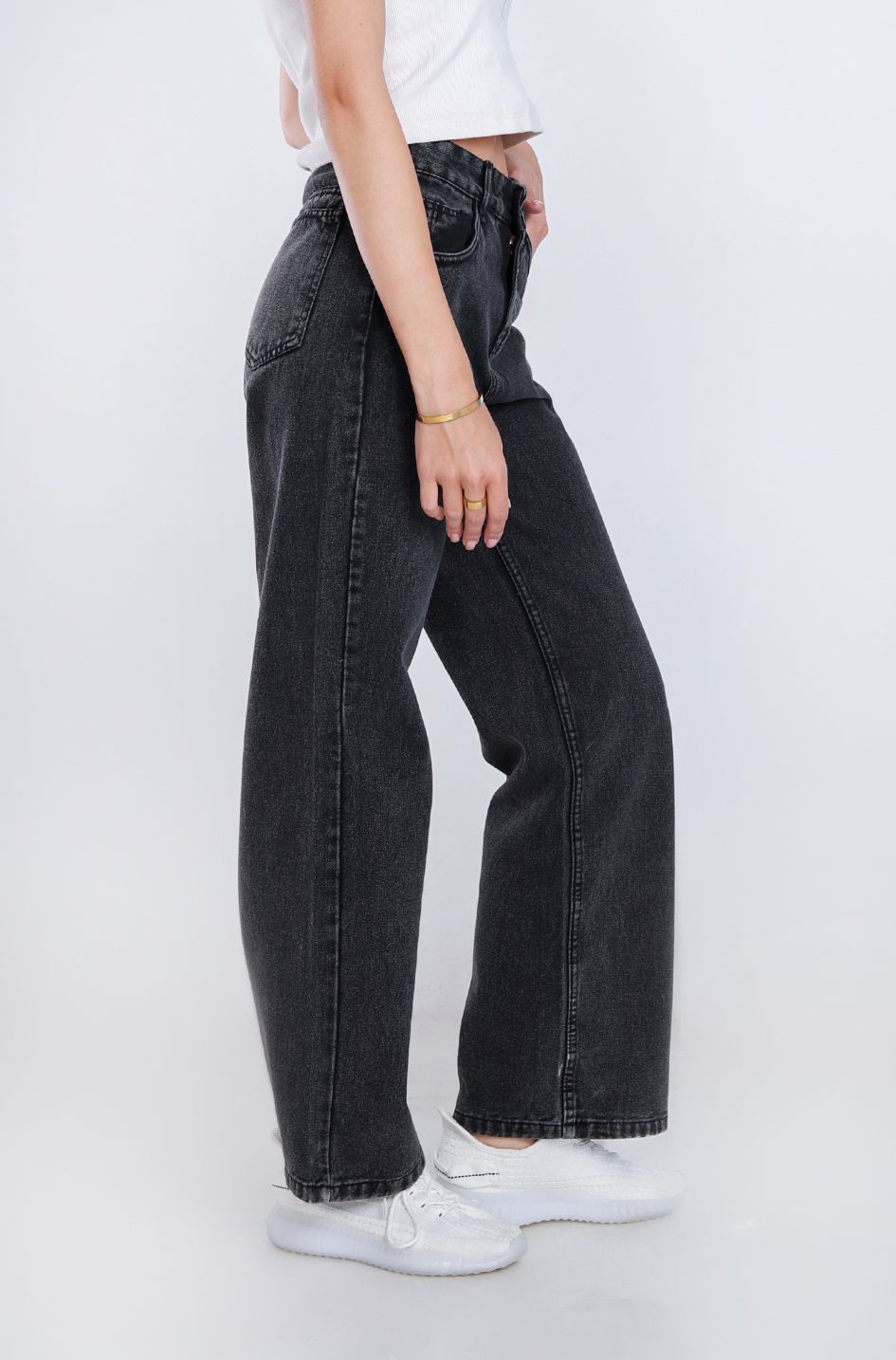 High Waist Straight Dark Gray Jeans Pants OB-350BBL