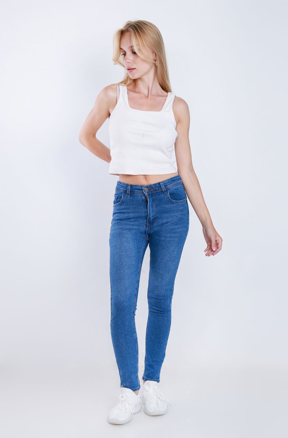 High Waist Skinny Medium Blue Jeans Pants OH-300B
