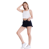 Double Waistband Black Jeans Shorts With Strings