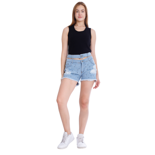 Black Ripped Light Blue Jeans Shorts Beads With Double Waistband