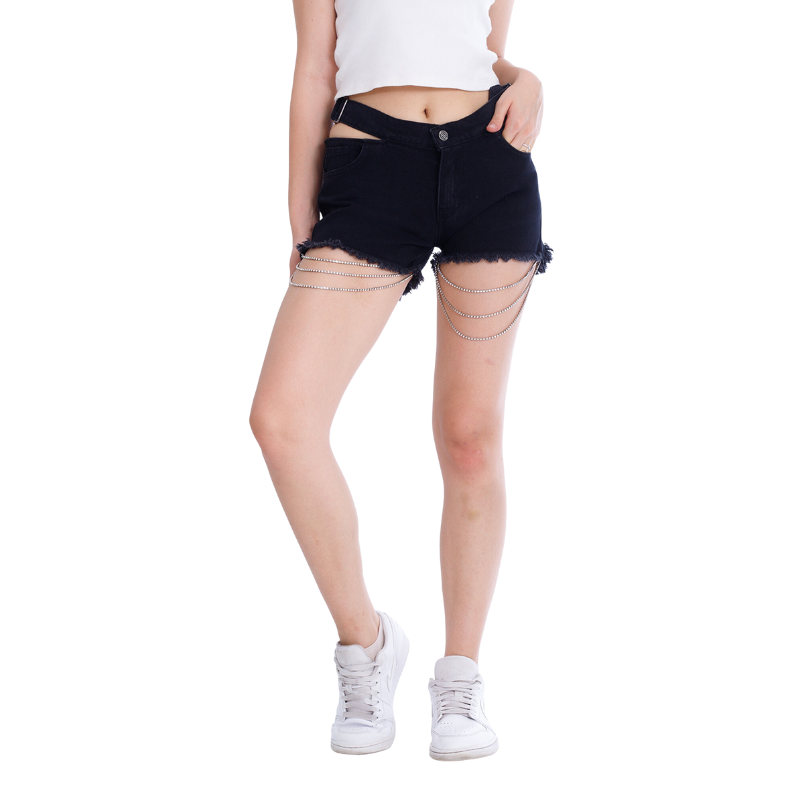 Double Waistband Black Jeans Shorts With Strings