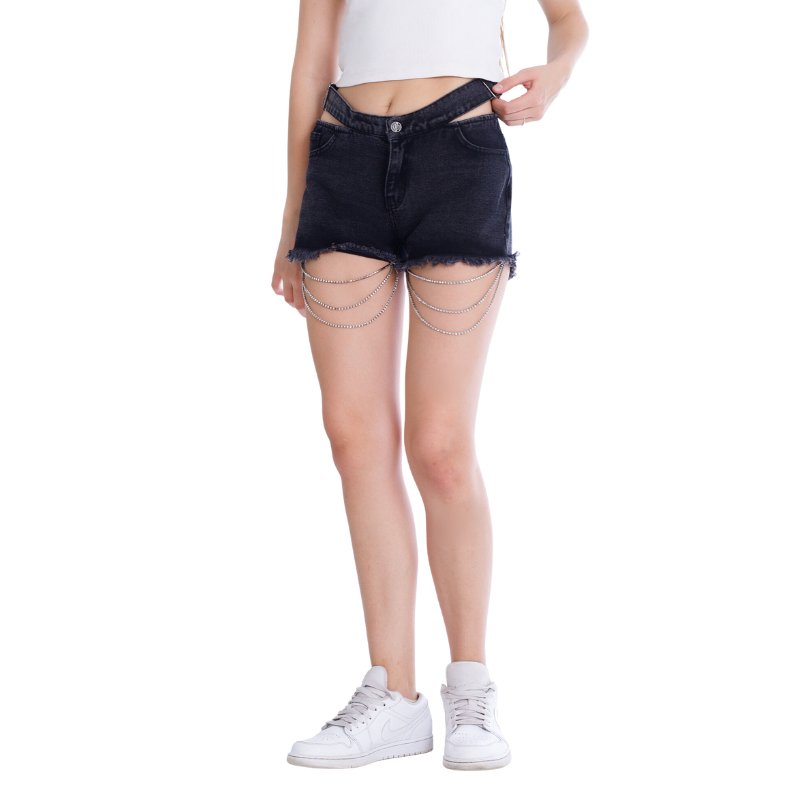 Double Waistband Gray Jeans Shorts With Strings OB-600ABL