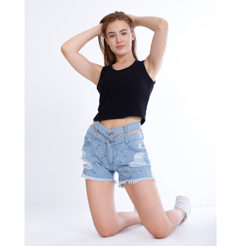 Black Ripped Light Blue Jeans Shorts Beads With Double Waistband