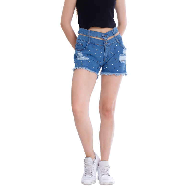 Black Ripped Medium Blue Jeans Shorts Beads With Double Waistband