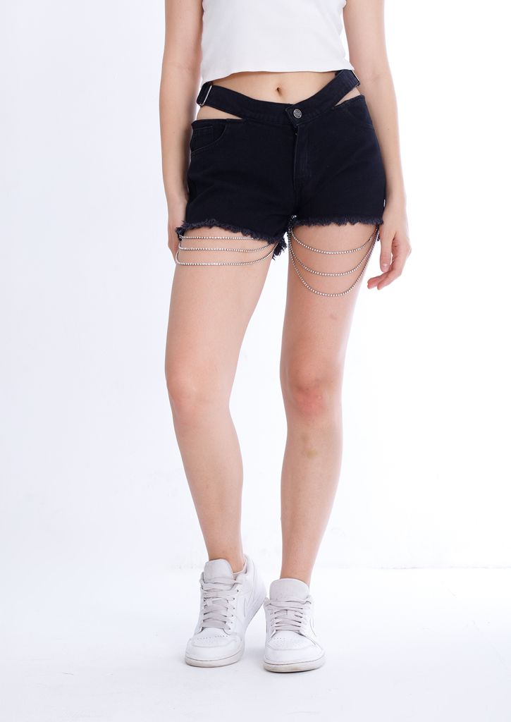 Double Waistband Black Jeans Shorts With Strings