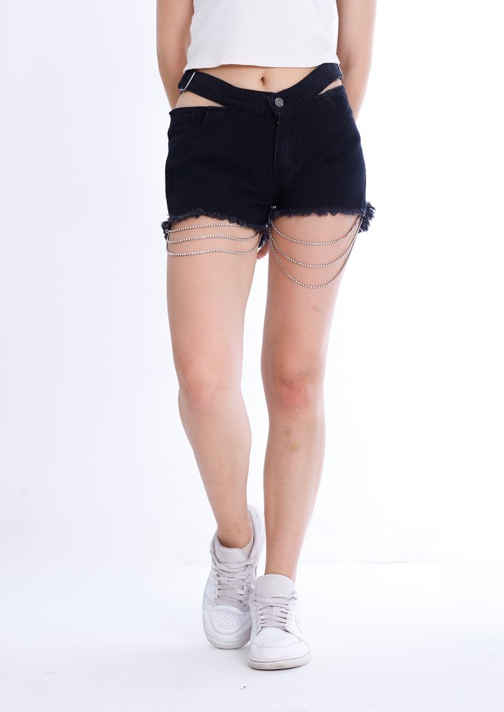 Double Waistband Black Jeans Shorts With Strings