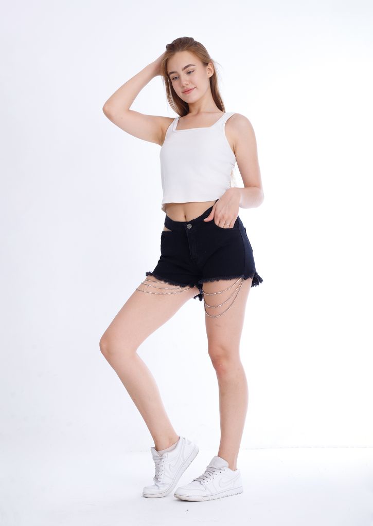 Double Waistband Black Jeans Shorts With Strings