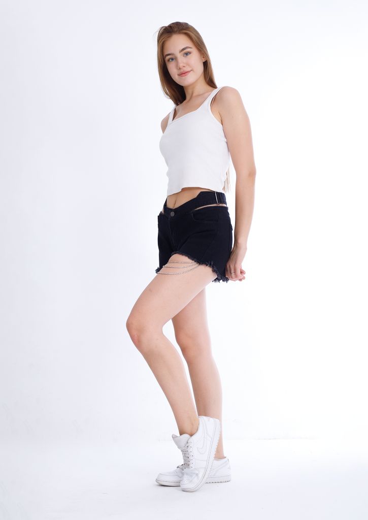 Double Waistband Black Jeans Shorts With Strings