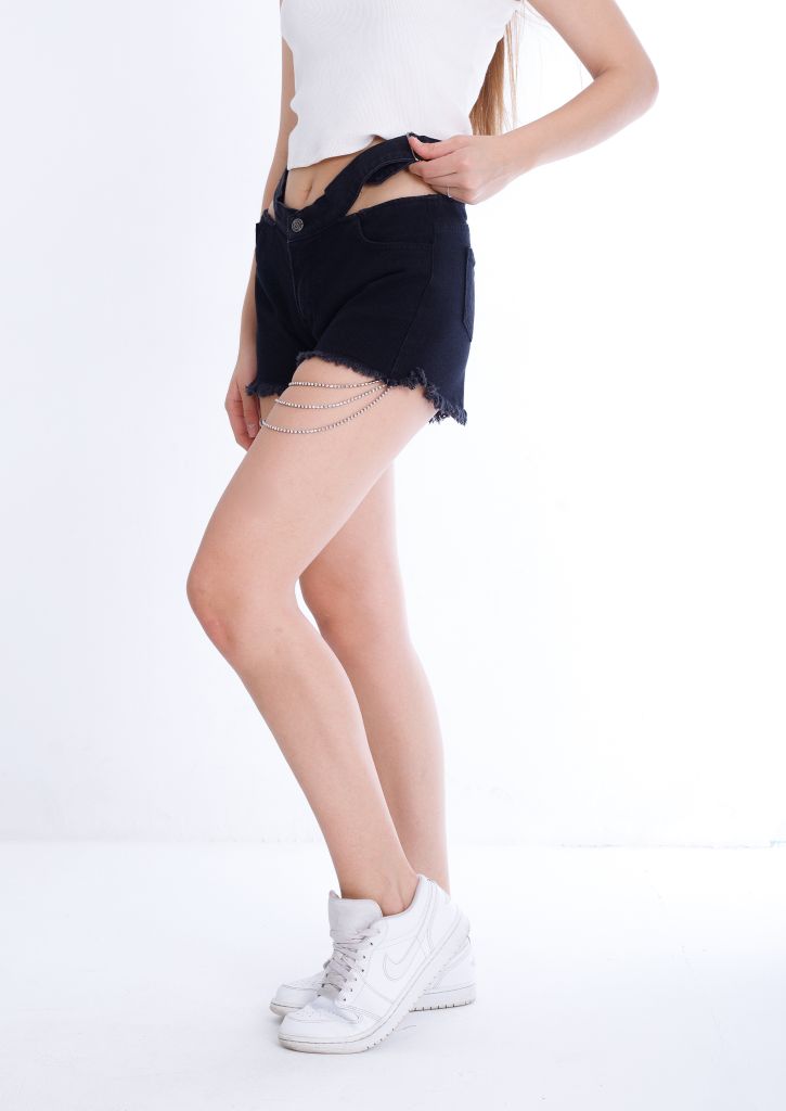 Double Waistband Black Jeans Shorts With Strings