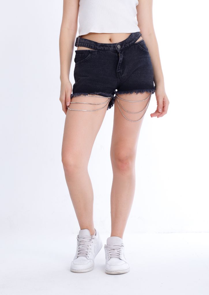 Double Waistband Gray Jeans Shorts With Strings OB-600ABL