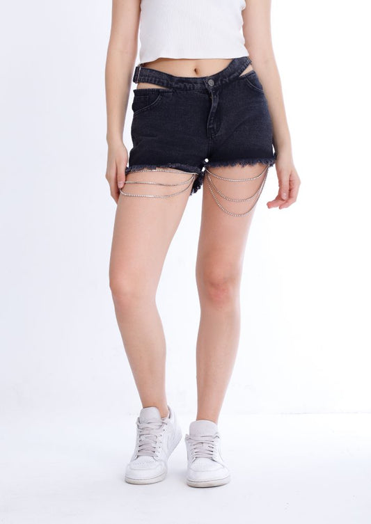 Double Waistband Gray Jeans Shorts With Strings OB-600ABL