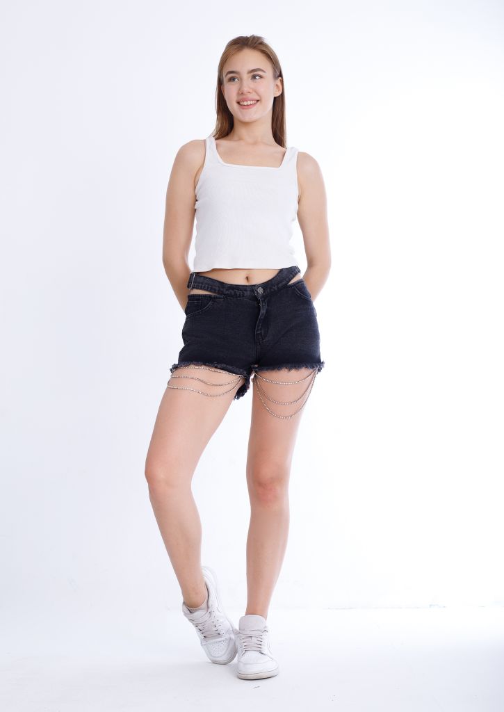 Double Waistband Gray Jeans Shorts With Strings OB-600ABL