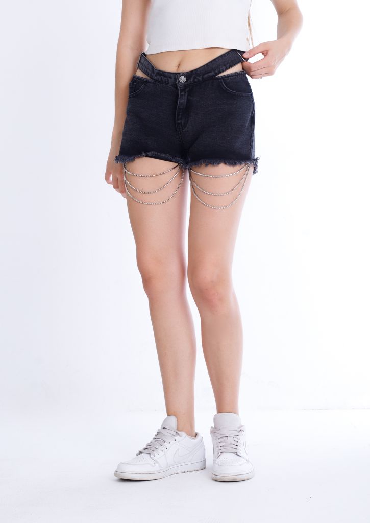 Double Waistband Gray Jeans Shorts With Strings OB-600ABL