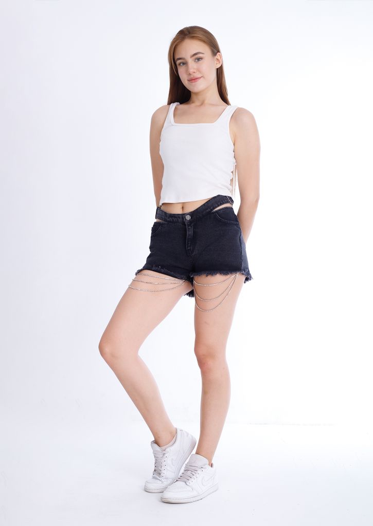 Double Waistband Gray Jeans Shorts With Strings OB-600ABL