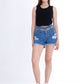 Black Ripped Medium Blue Jeans Shorts Beads With Double Waistband