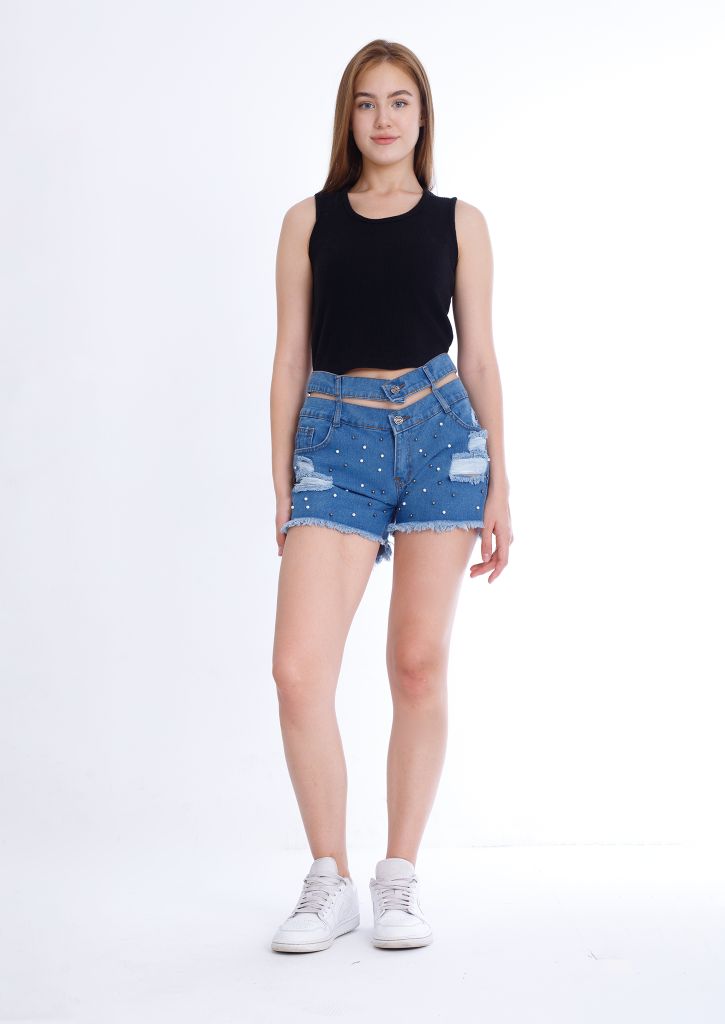 Black Ripped Medium Blue Jeans Shorts Beads With Double Waistband