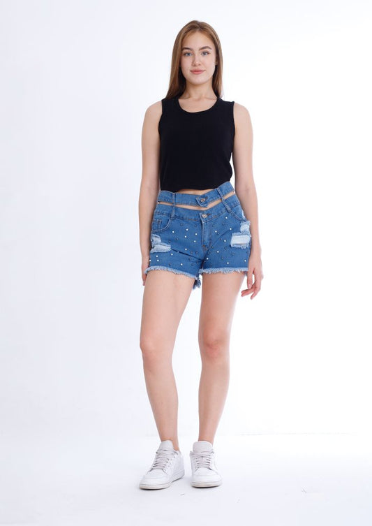 Black Ripped Medium Blue Jeans Shorts Beads With Double Waistband