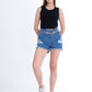 Black Ripped Medium Blue Jeans Shorts Beads With Double Waistband